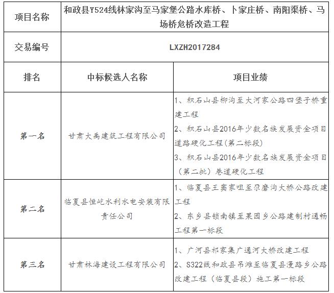 中标候选人项目业绩